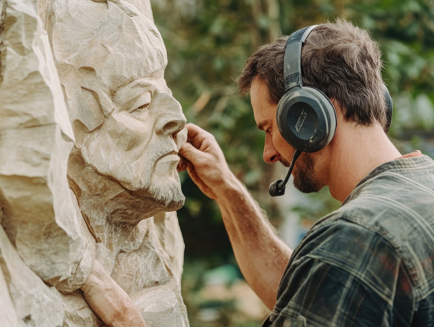 uomo che ascolta un audio grazie ad una cuffia mentre tocca una statua di fronte a lui